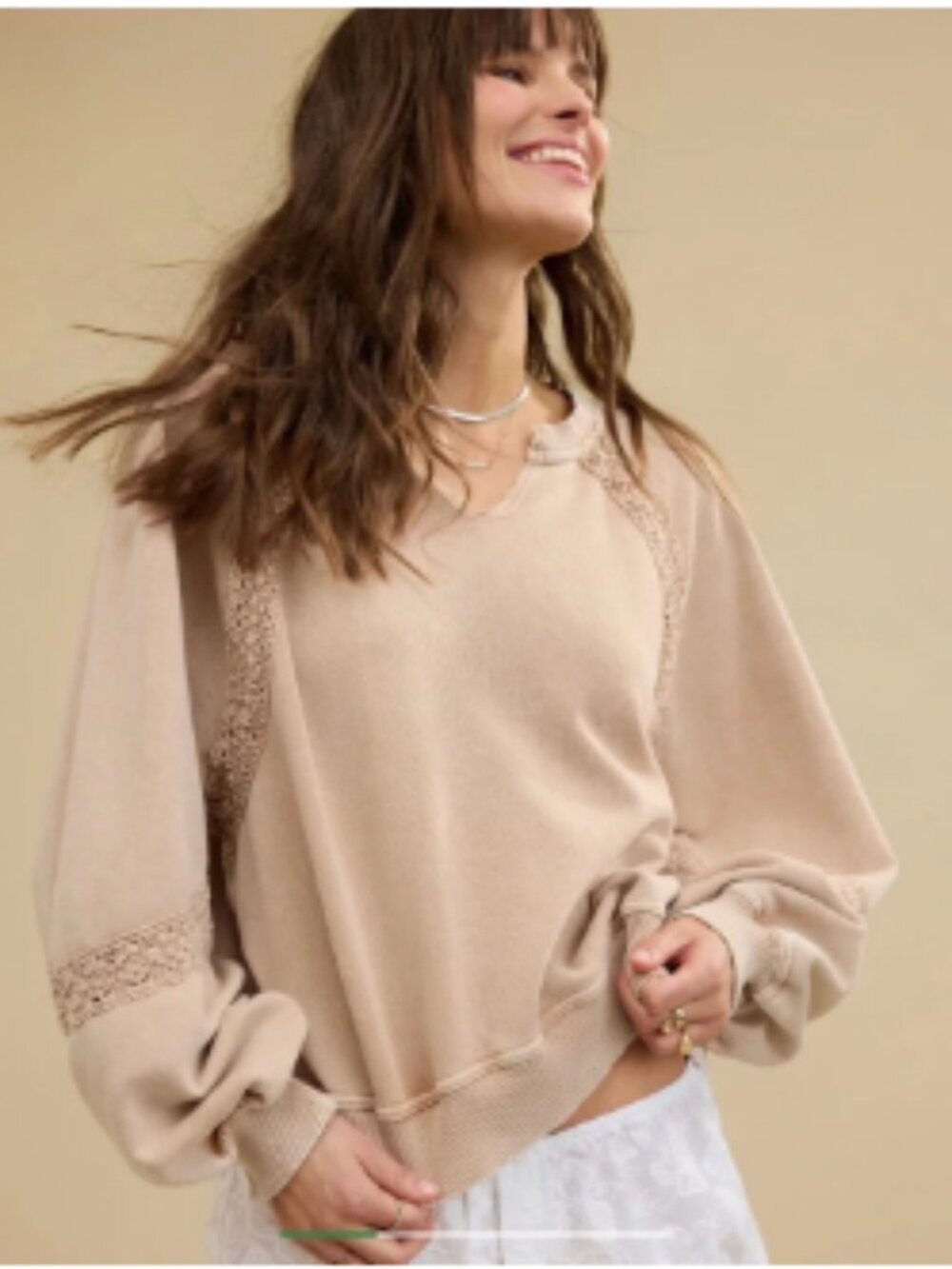 Aerie Hey Crochet size xl tan beach dune oversized balloon sleeve Sweatshirt
